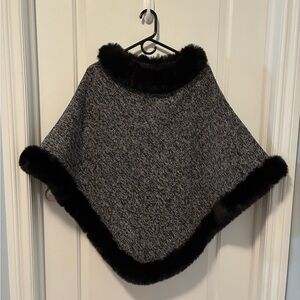 Chic Black and Gray Poncho with Fur Trim